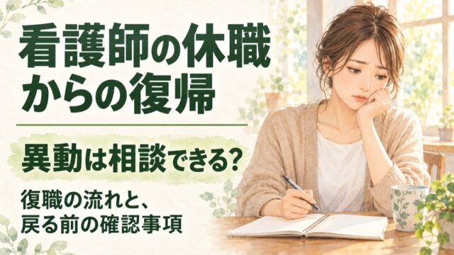 ノートを開いて考え込む私服の女性。看護師の休職からの復帰、異動は相談できる？